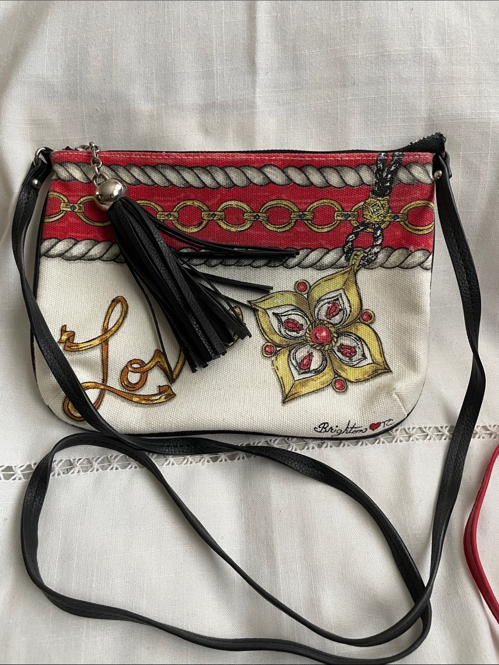 Brighton Red, White and Gold Crossbody Bag with Tassel - Picture 3 of 6